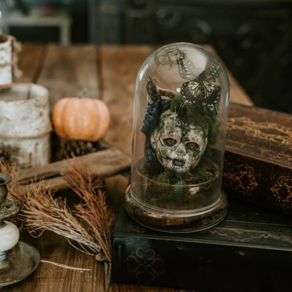 “Enigmatic Doll Head Terrarium: The Octopus and Butterfly’s Dark Embrace”